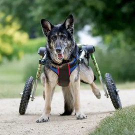 wheelchair dog goes for a walk